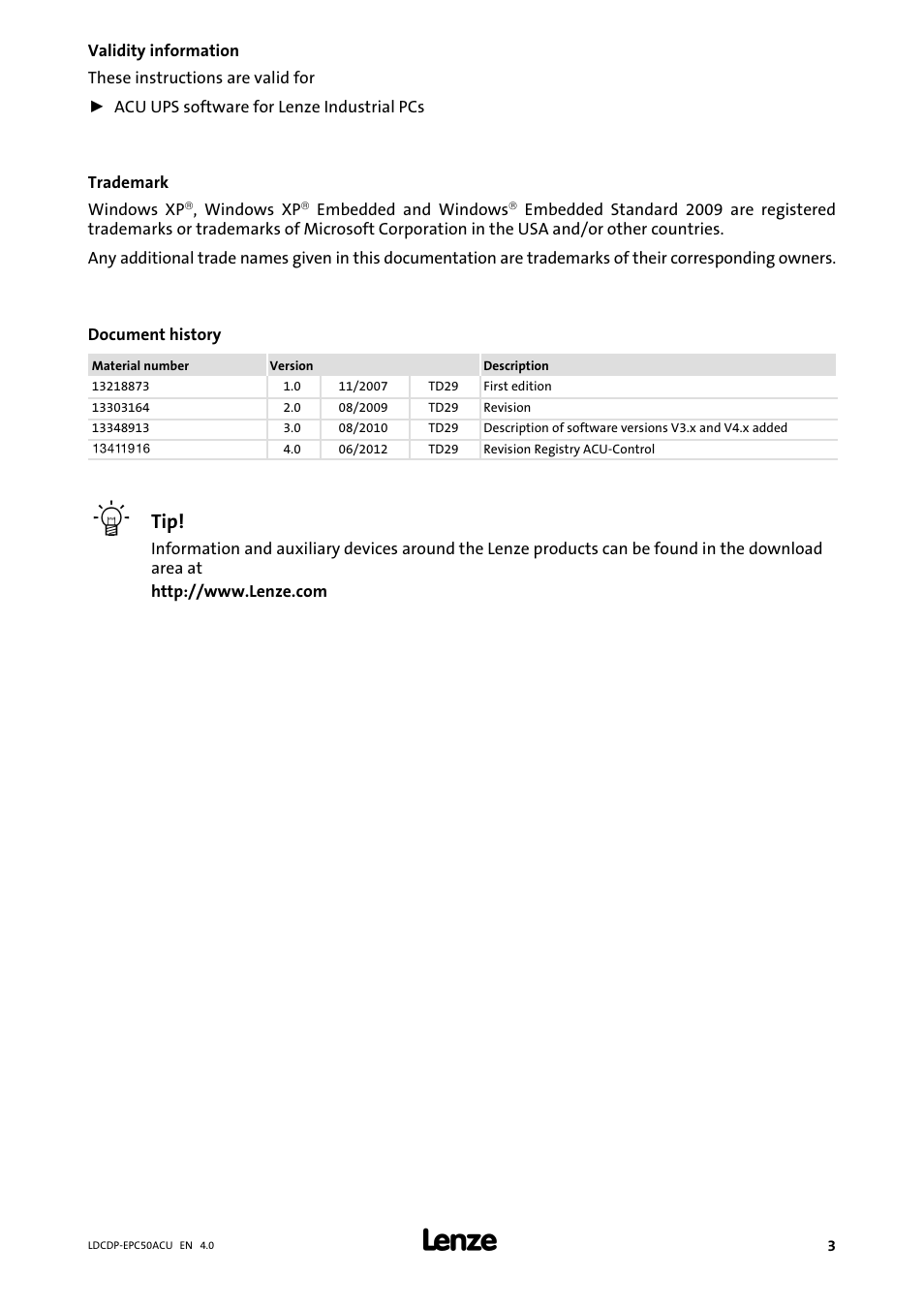 Validity information, Trademark, Document history | Lenze ACU UPS for Industrial PCs User Manual | Page 3 / 18