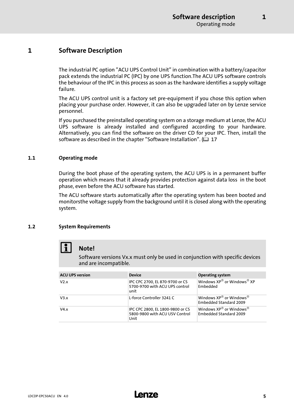 1 software description, 1 operating mode, 2 system requirements | Software description, Operating mode, System requirements, 1software description | Lenze ACU UPS for Industrial PCs User Manual | Page 5 / 18