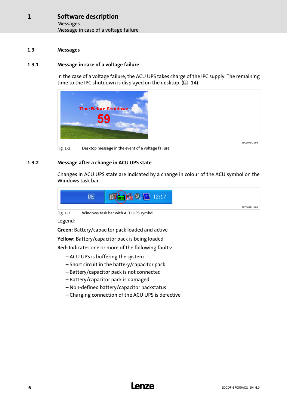 3 messages, 1 message in case of a voltage failure, 2 message after a change in acu ups state | Messages, Message in case of a voltage failure, Message after a change in acu ups state, Software description | Lenze ACU UPS for Industrial PCs User Manual | Page 6 / 18