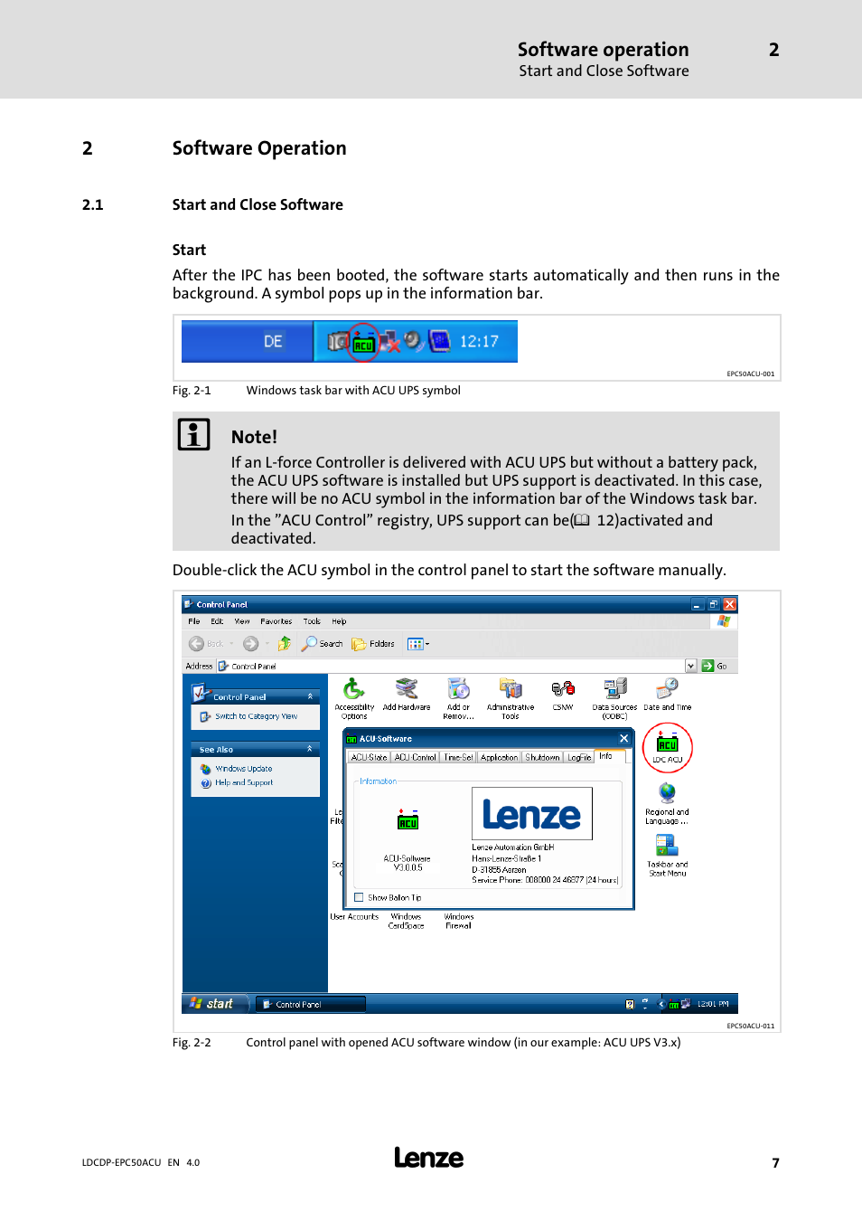 2 software operation, 1 start and close software, Software operation | Start and close software | Lenze ACU UPS for Industrial PCs User Manual | Page 7 / 18