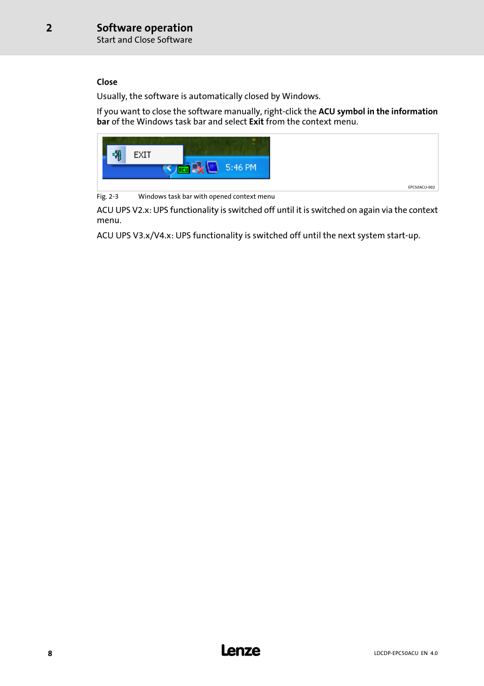 Software operation | Lenze ACU UPS for Industrial PCs User Manual | Page 8 / 18