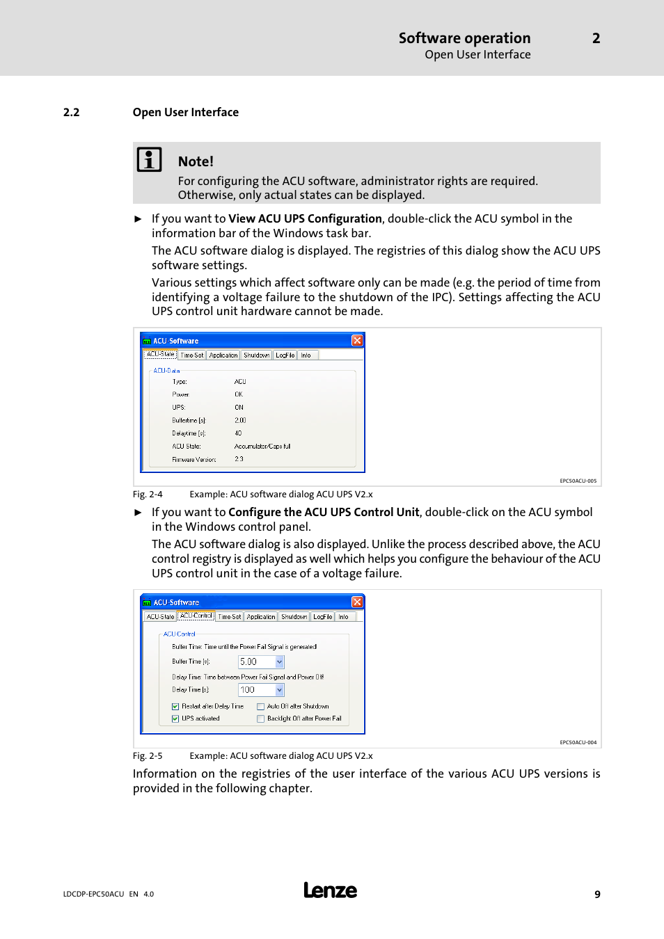 2 open user interface, Open user interface, Software operation | Lenze ACU UPS for Industrial PCs User Manual | Page 9 / 18