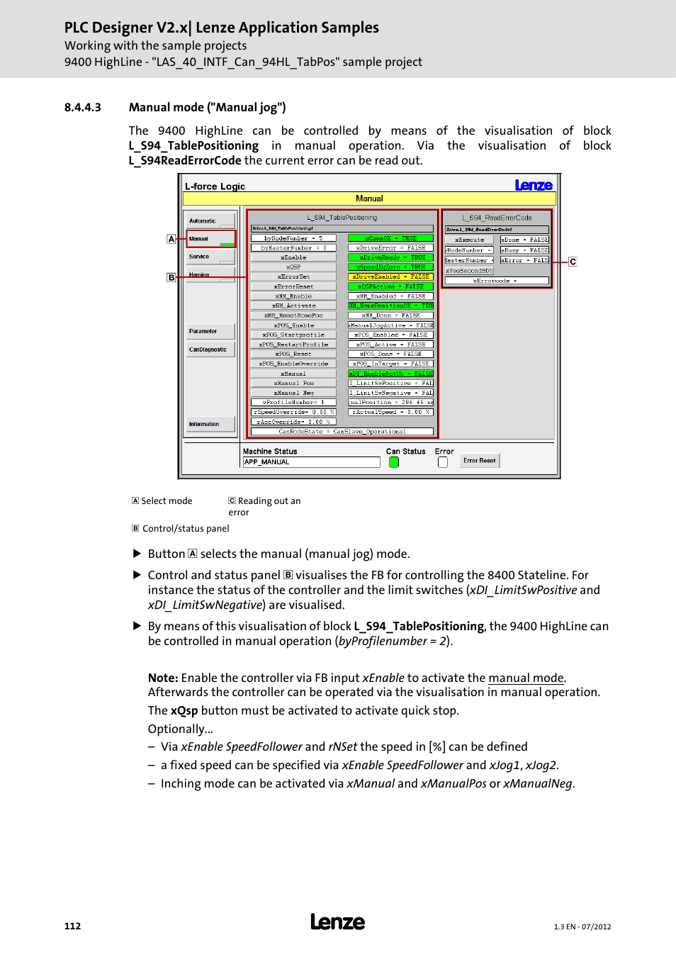 3 manual mode ("manual jog"), Manual mode ("manual jog"), Plc designer v2.x| lenze application samples | Lenze PLC Designer V2.x User Manual | Page 112 / 336