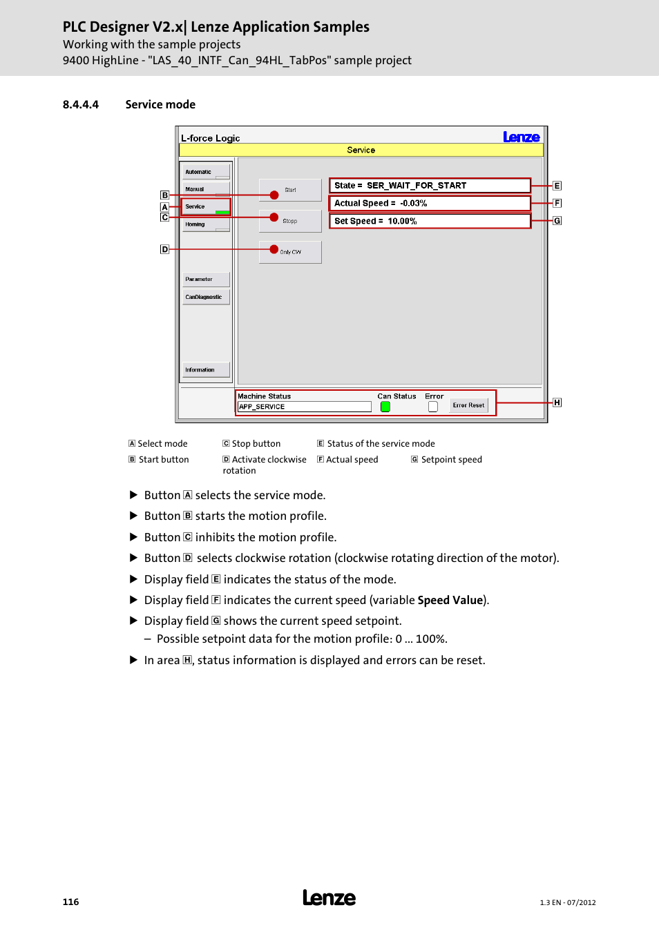 4 service mode, Service mode, Plc designer v2.x| lenze application samples | Lenze PLC Designer V2.x User Manual | Page 116 / 336