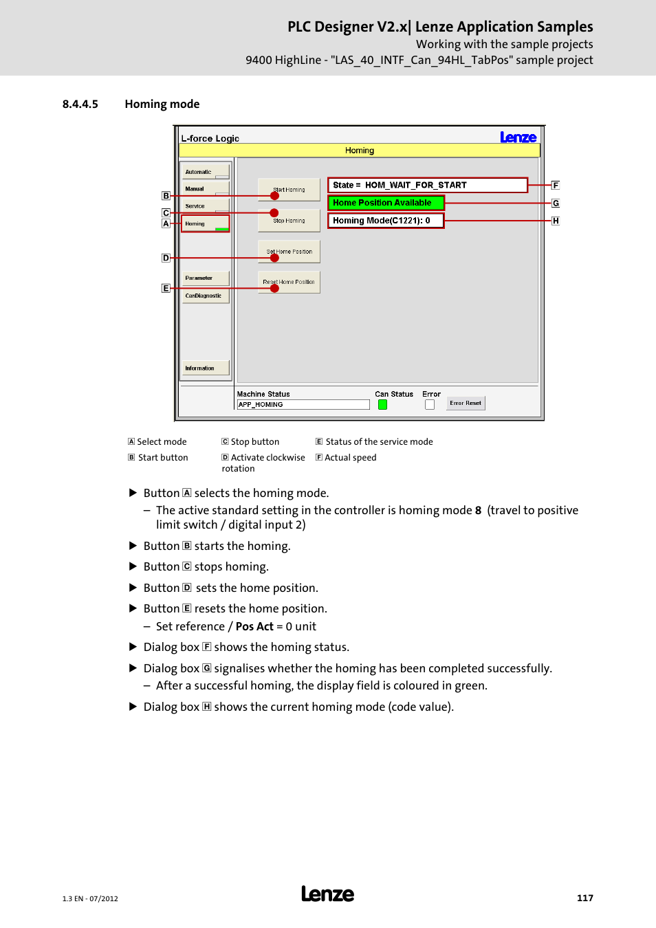 5 homing mode, Homing mode, Plc designer v2.x| lenze application samples | Lenze PLC Designer V2.x User Manual | Page 117 / 336