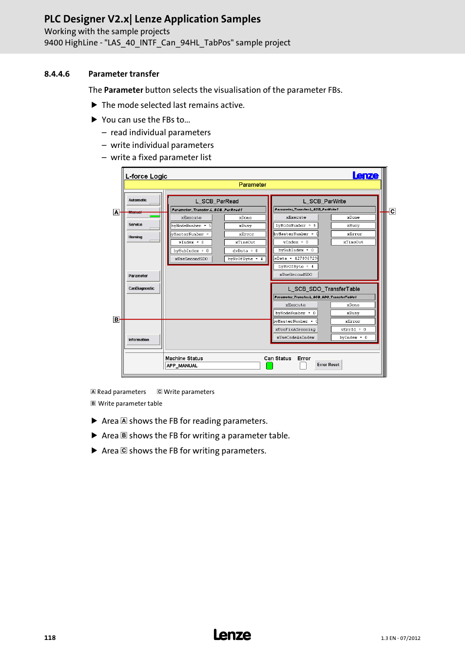 6 parameter transfer, Parameter transfer, Plc designer v2.x| lenze application samples | Lenze PLC Designer V2.x User Manual | Page 118 / 336