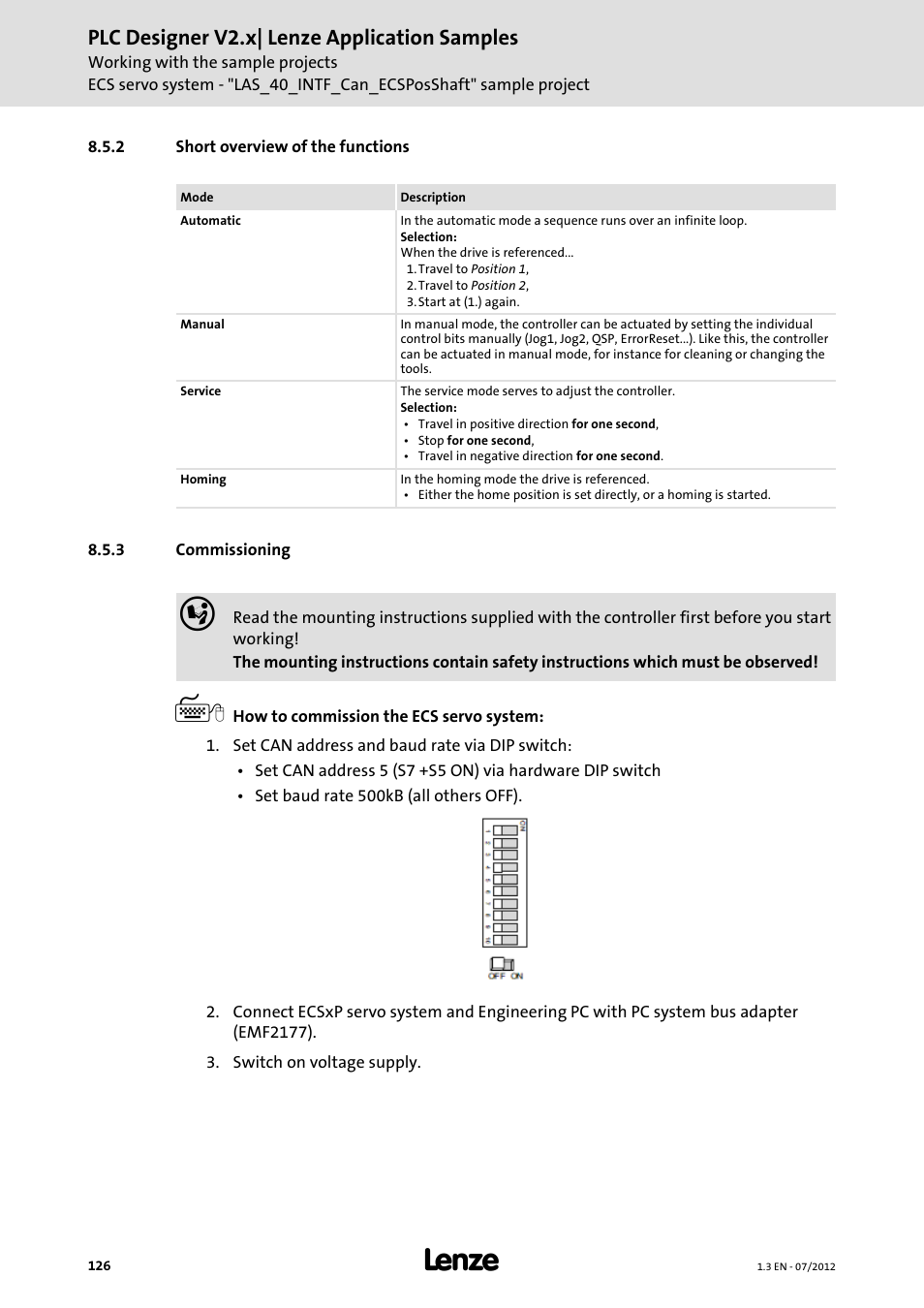 2 short overview of the functions, 3 commissioning, Commissioning | Plc designer v2.x| lenze application samples | Lenze PLC Designer V2.x User Manual | Page 126 / 336