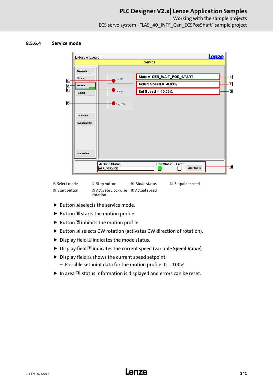 4 service mode, Service mode, Plc designer v2.x| lenze application samples | Lenze PLC Designer V2.x User Manual | Page 141 / 336