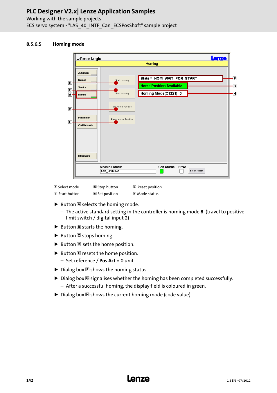 5 homing mode, Homing mode, Plc designer v2.x| lenze application samples | Lenze PLC Designer V2.x User Manual | Page 142 / 336