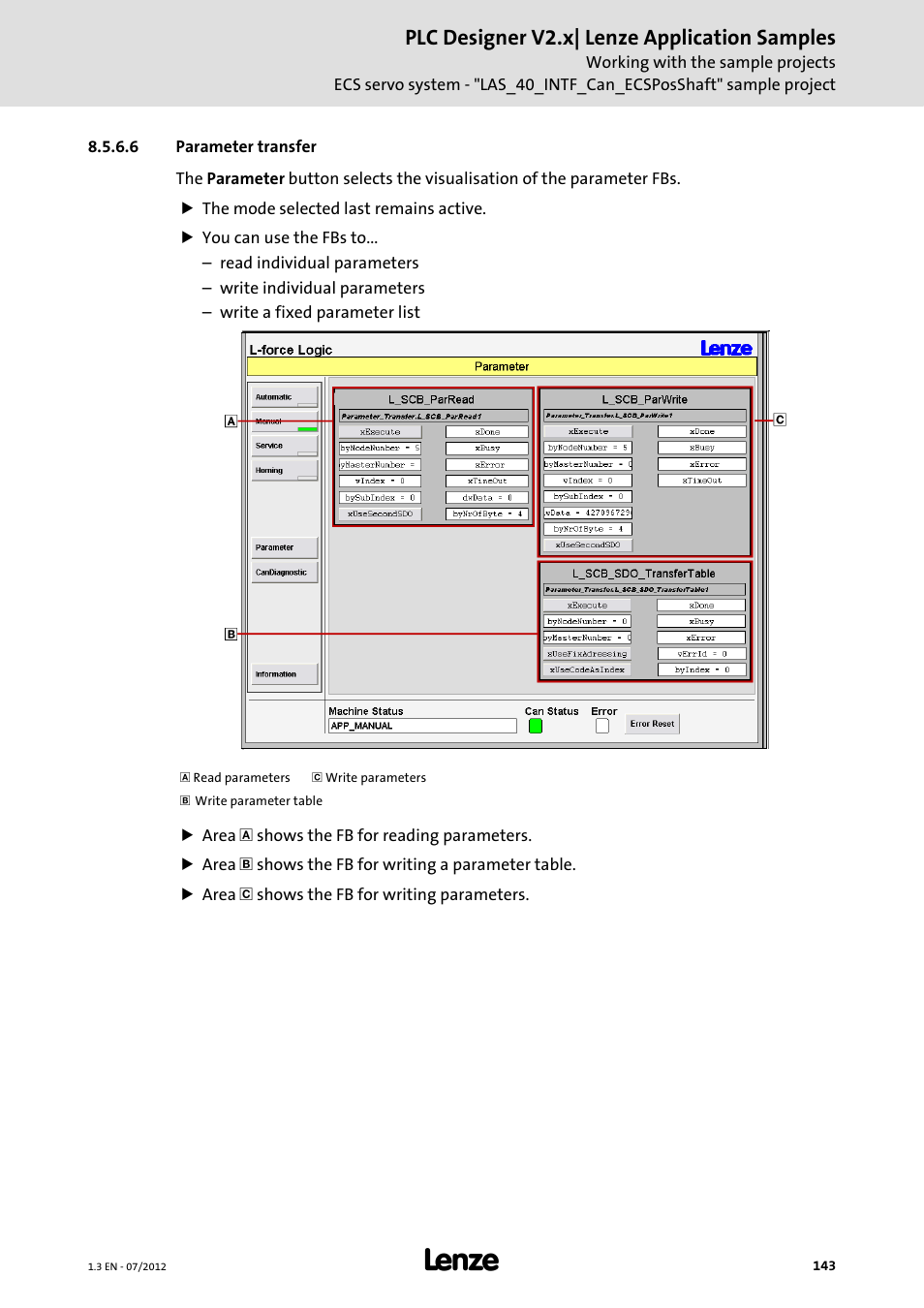 6 parameter transfer, Parameter transfer, Plc designer v2.x| lenze application samples | Lenze PLC Designer V2.x User Manual | Page 143 / 336