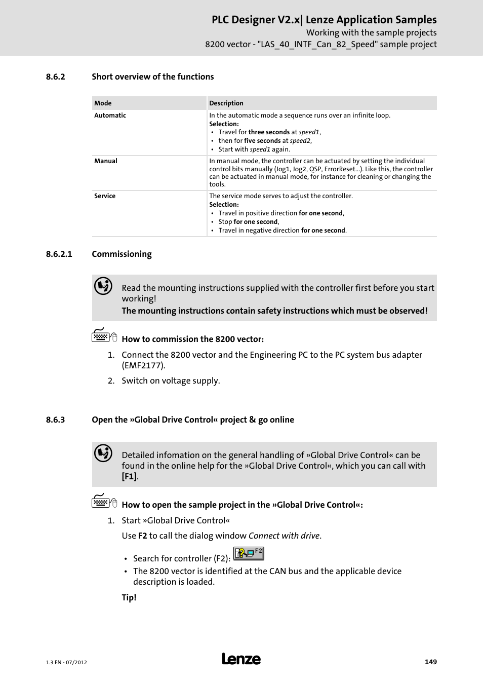 2 short overview of the functions, 1 commissioning, Commissioning | Open the »global drive control« project & go, Online, Plc designer v2.x| lenze application samples | Lenze PLC Designer V2.x User Manual | Page 149 / 336