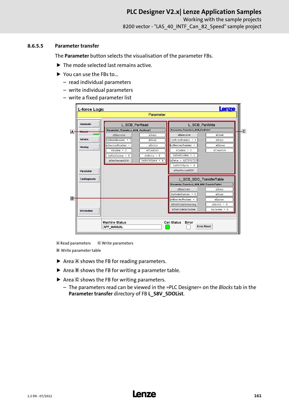 5 parameter transfer, Parameter transfer, Plc designer v2.x| lenze application samples | Lenze PLC Designer V2.x User Manual | Page 161 / 336