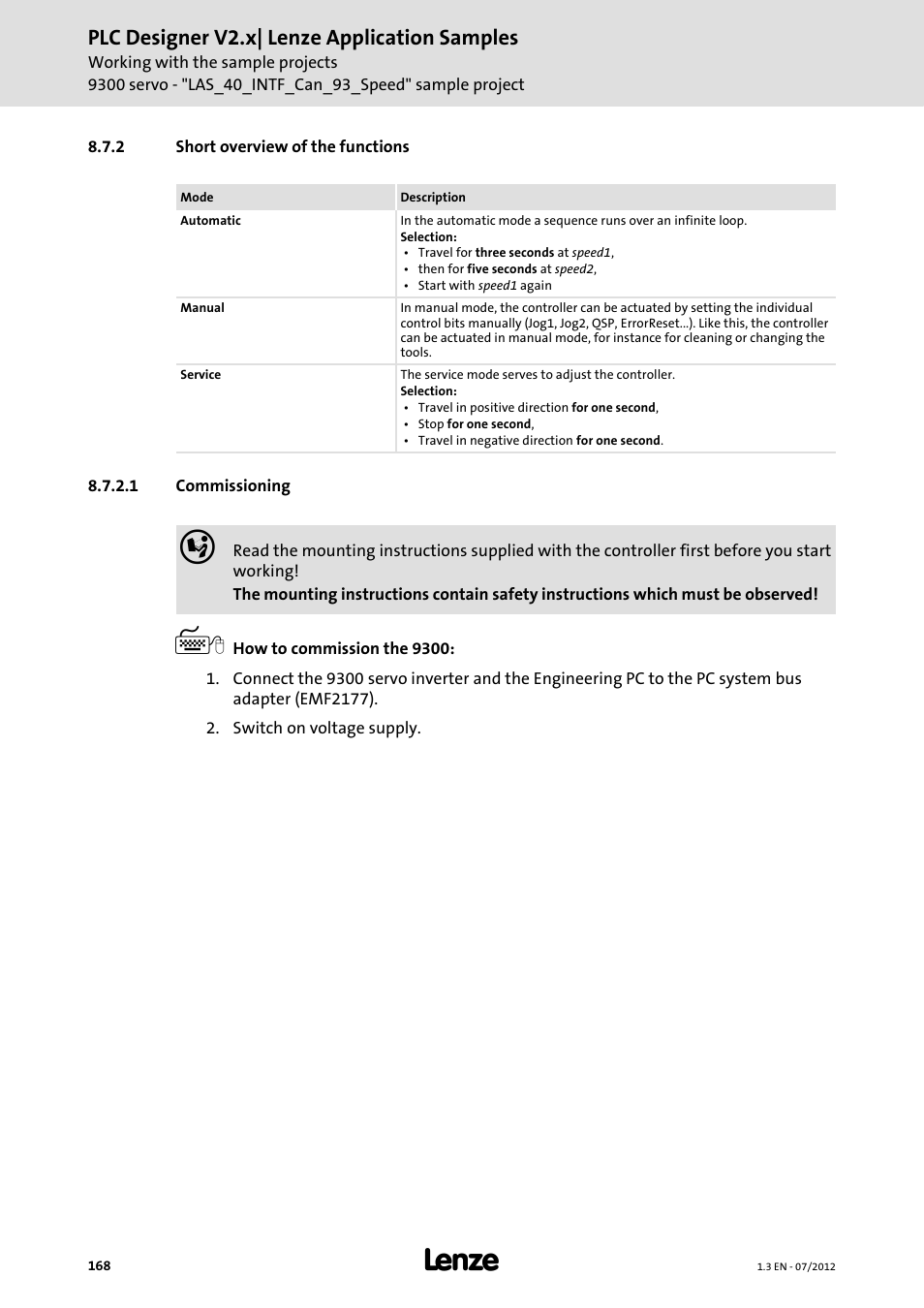 2 short overview of the functions, 1 commissioning, Commissioning | Plc designer v2.x| lenze application samples | Lenze PLC Designer V2.x User Manual | Page 168 / 336