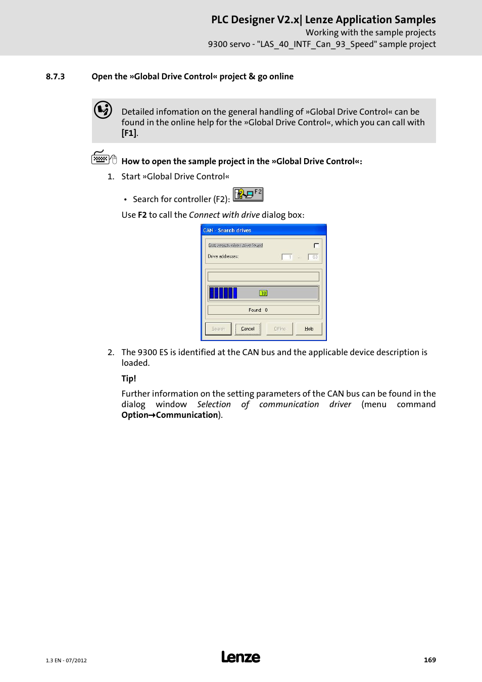 Open the »global drive control« project & go, Online | Lenze PLC Designer V2.x User Manual | Page 169 / 336