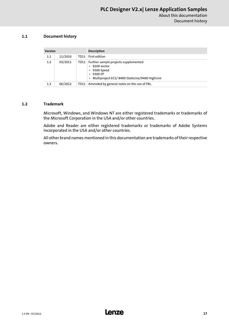 1 document history, 2 trademark, Plc designer v2.x| lenze application samples | Lenze PLC Designer V2.x User Manual | Page 17 / 336