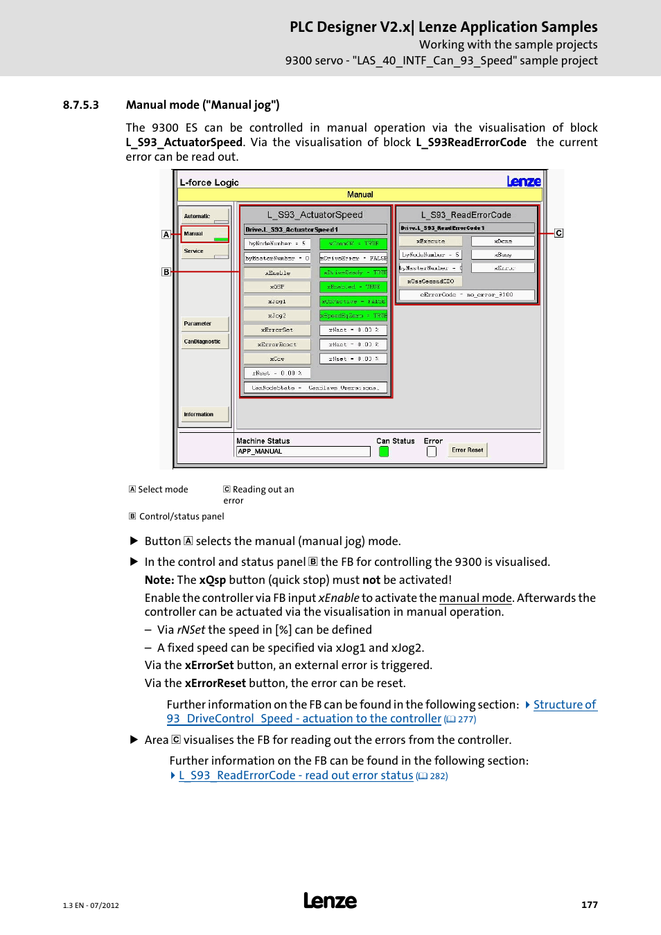 3 manual mode ("manual jog"), Manual mode ("manual jog"), Plc designer v2.x| lenze application samples | Lenze PLC Designer V2.x User Manual | Page 177 / 336