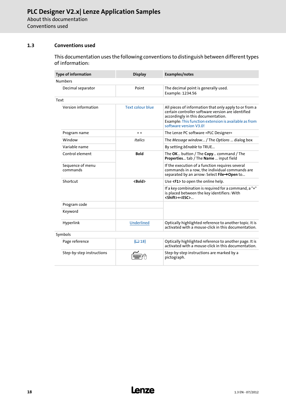 3 conventions used, Plc designer v2.x| lenze application samples | Lenze PLC Designer V2.x User Manual | Page 18 / 336