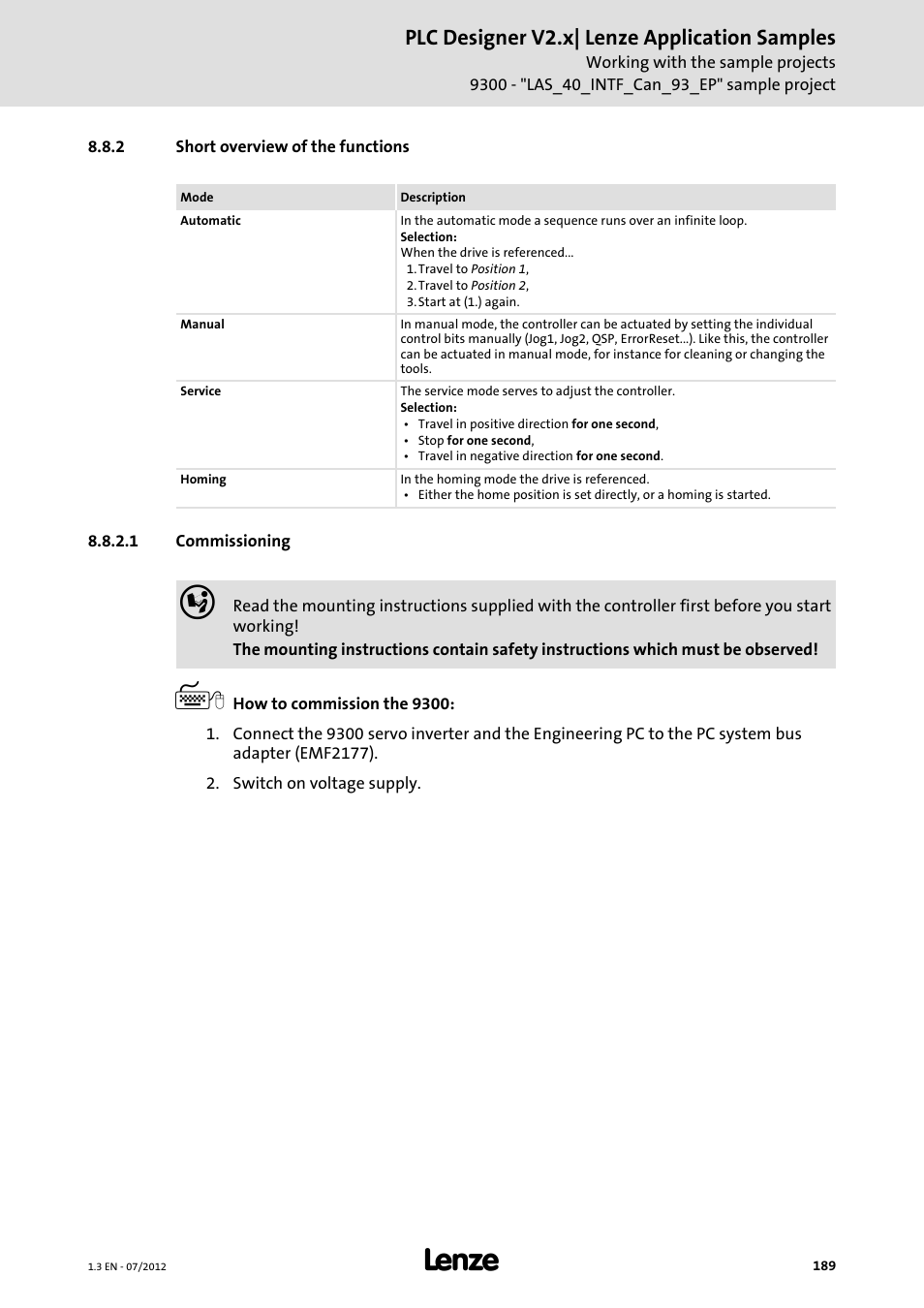 2 short overview of the functions, 1 commissioning, Commissioning | Plc designer v2.x| lenze application samples | Lenze PLC Designer V2.x User Manual | Page 189 / 336