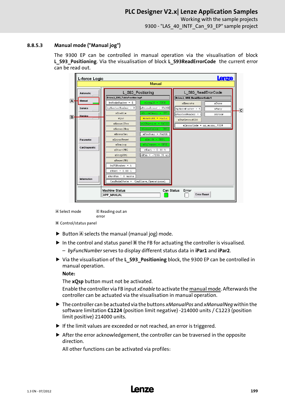 3 manual mode ("manual jog"), Manual mode ("manual jog"), Plc designer v2.x| lenze application samples | Lenze PLC Designer V2.x User Manual | Page 199 / 336