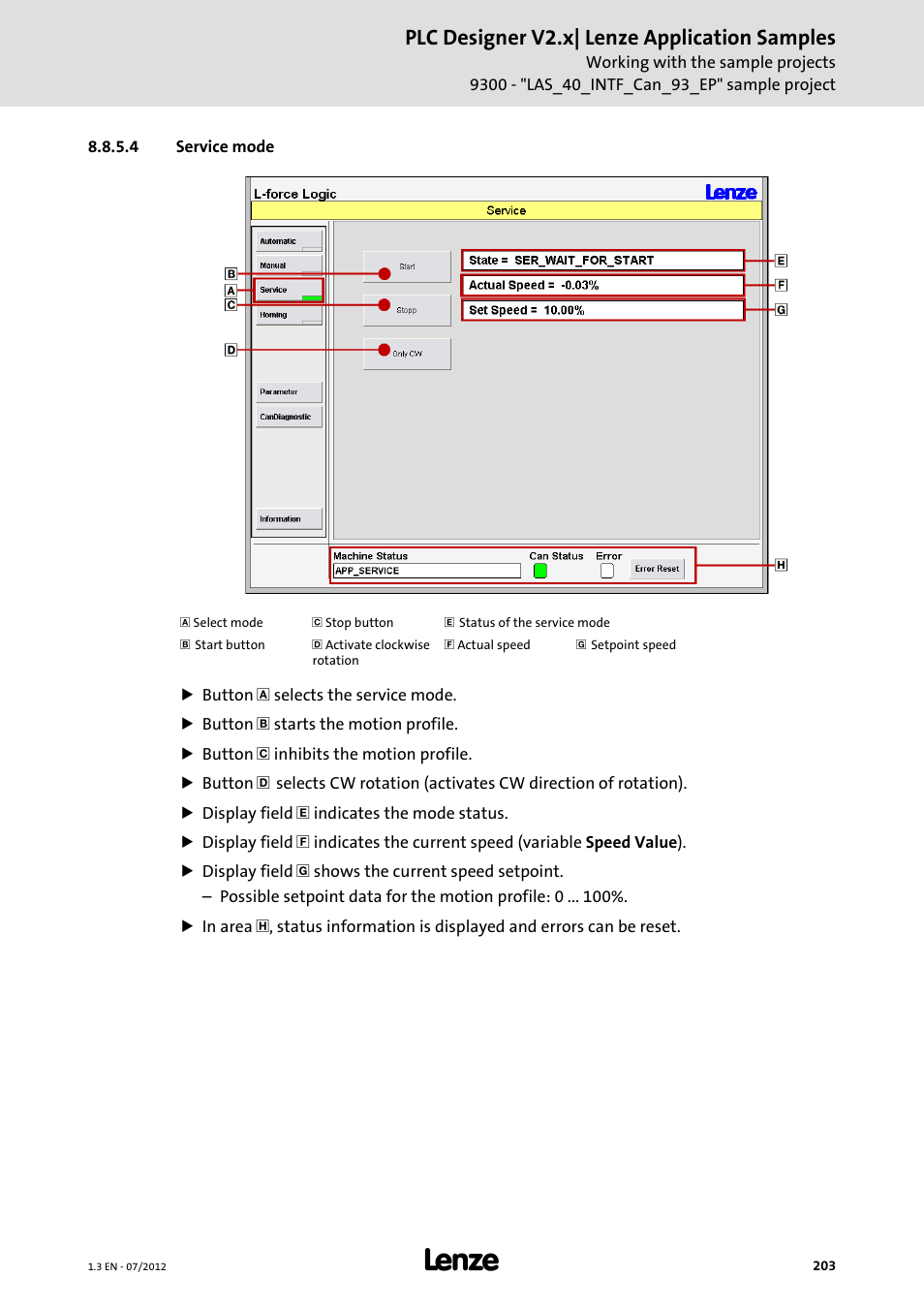 4 service mode, Service mode, Plc designer v2.x| lenze application samples | Lenze PLC Designer V2.x User Manual | Page 203 / 336