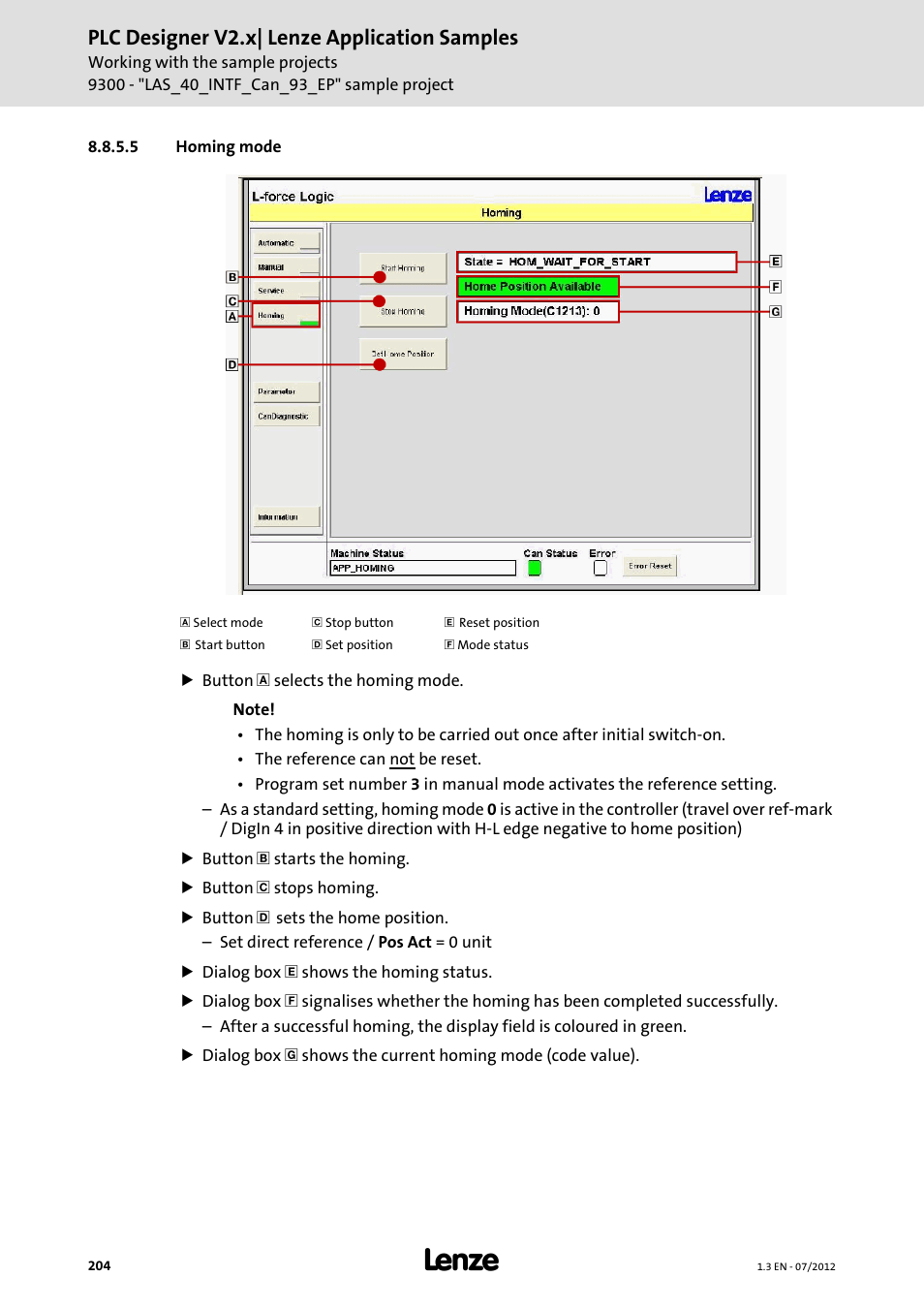 5 homing mode, Homing mode, Plc designer v2.x| lenze application samples | Lenze PLC Designer V2.x User Manual | Page 204 / 336