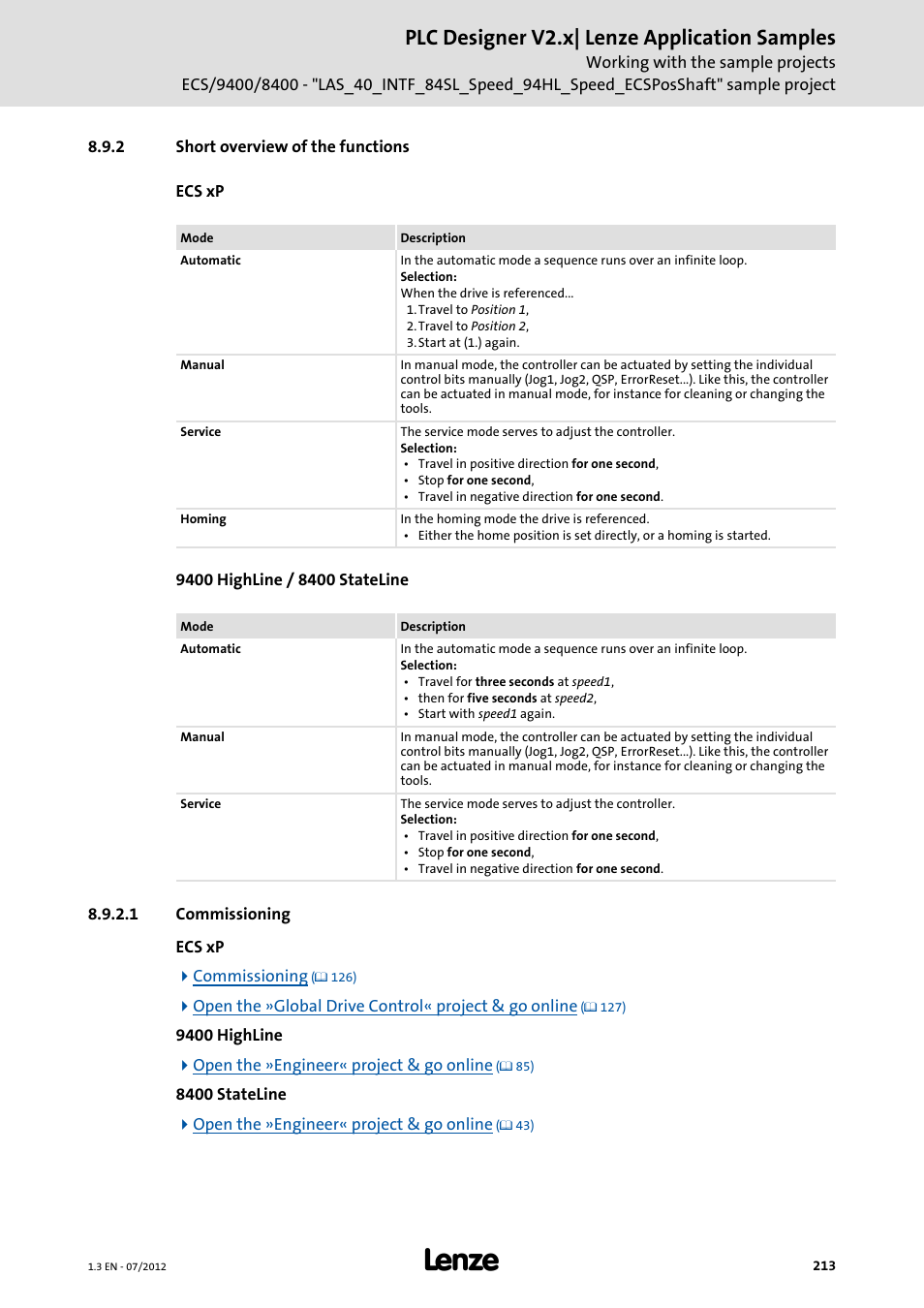 2 short overview of the functions, 1 commissioning, Commissioning | Plc designer v2.x| lenze application samples | Lenze PLC Designer V2.x User Manual | Page 213 / 336