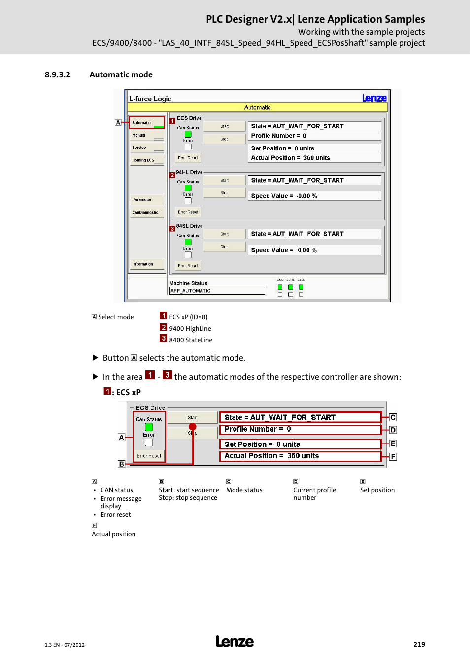 2 automatic mode, Automatic mode, Plc designer v2.x| lenze application samples | Lenze PLC Designer V2.x User Manual | Page 219 / 336