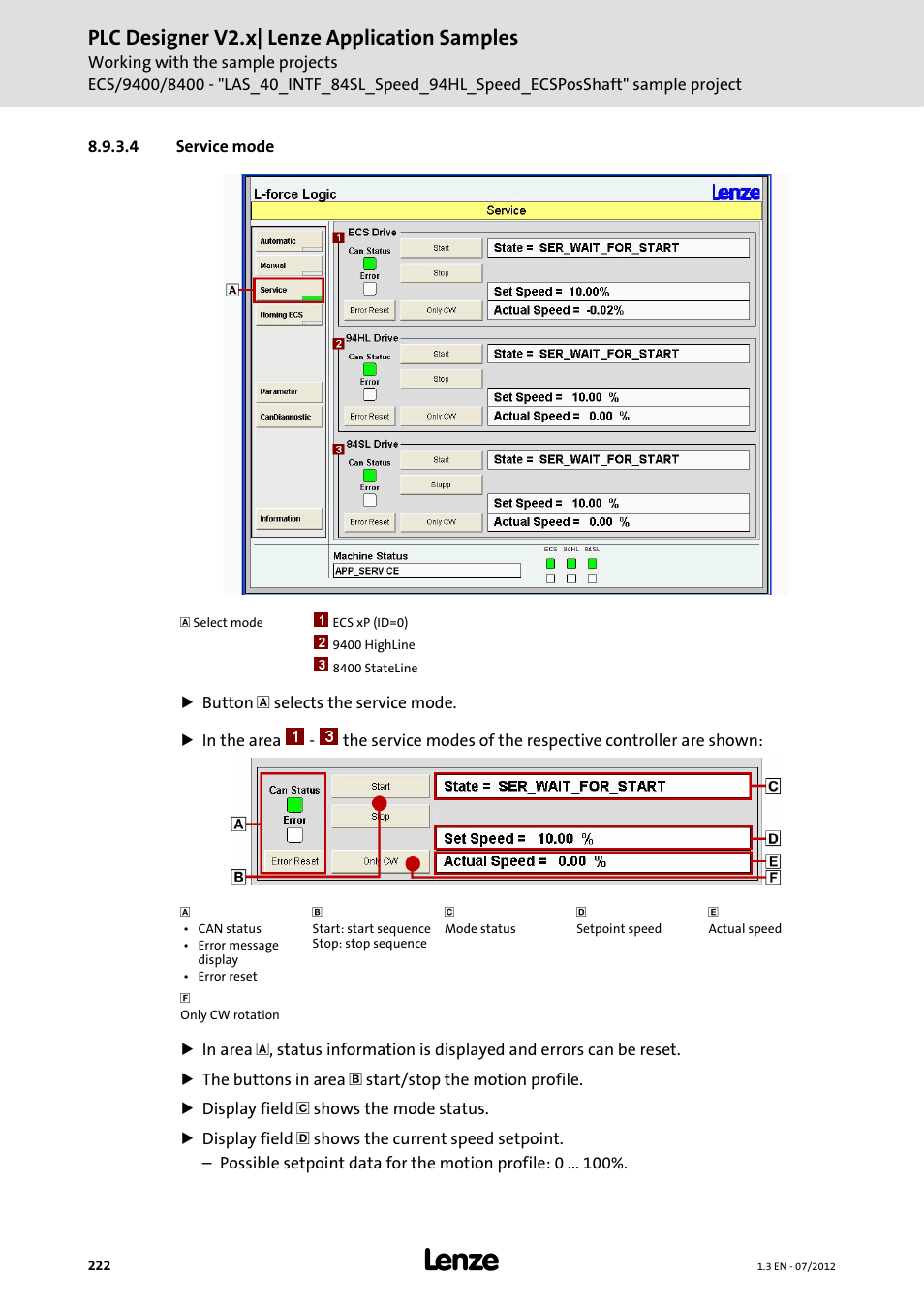 4 service mode, Service mode, Plc designer v2.x| lenze application samples | Lenze PLC Designer V2.x User Manual | Page 222 / 336