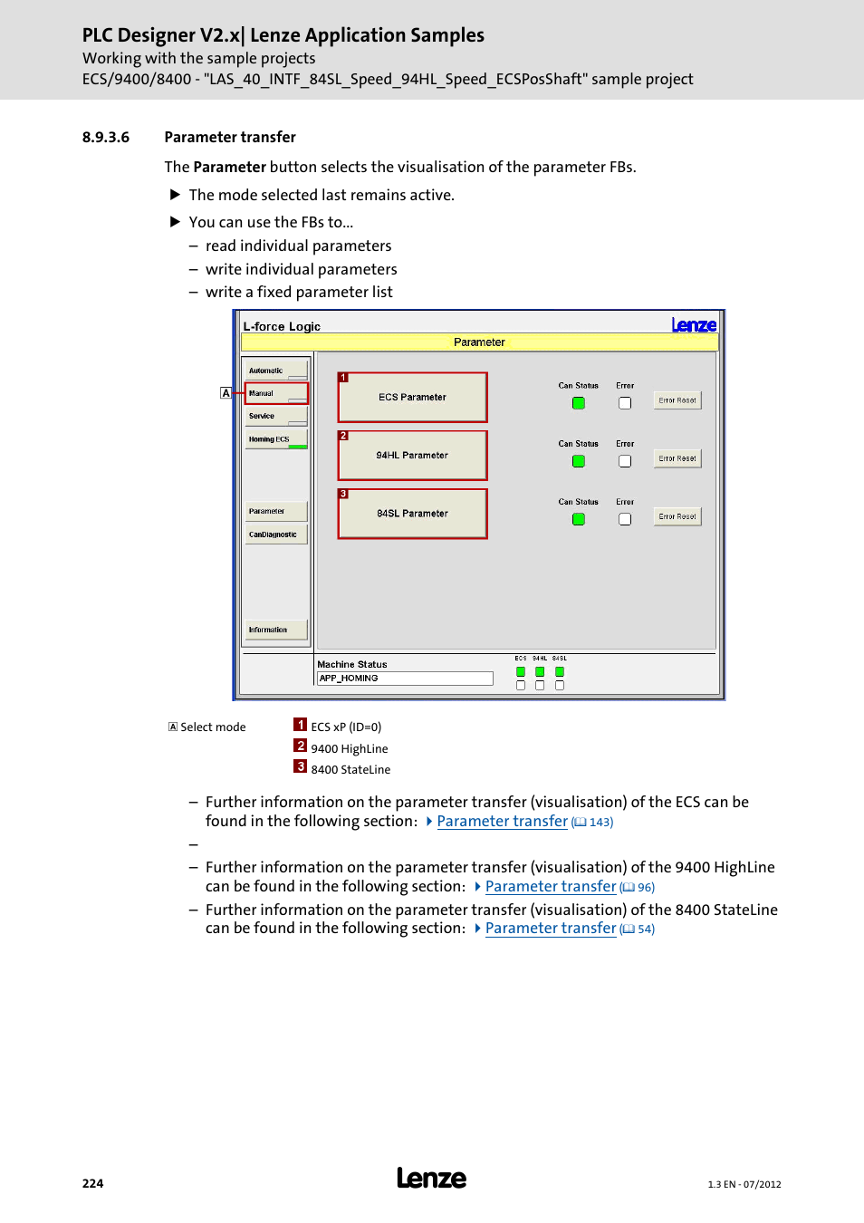 6 parameter transfer, Parameter transfer, Plc designer v2.x| lenze application samples | Lenze PLC Designer V2.x User Manual | Page 224 / 336