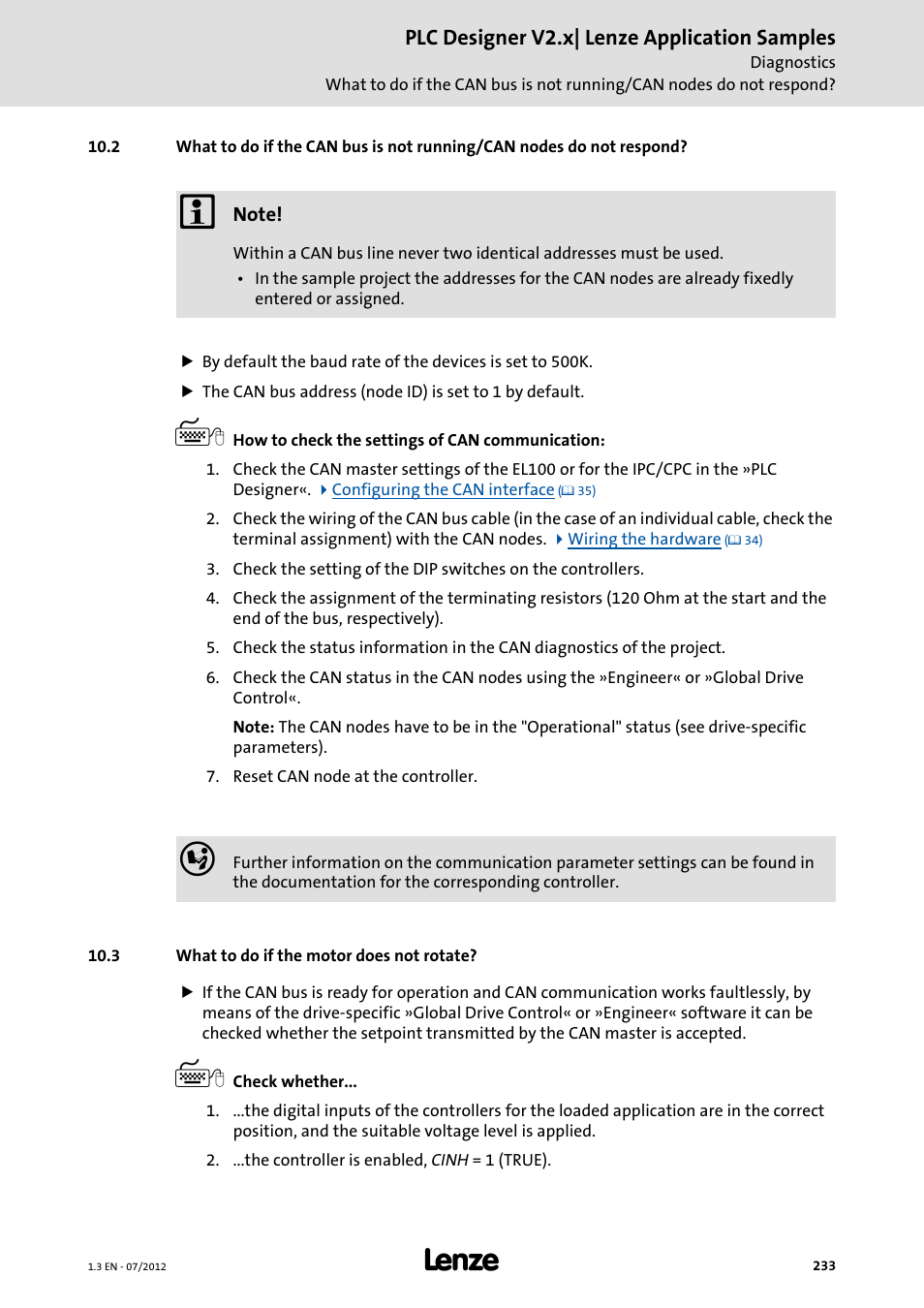 3 what to do if the motor does not rotate | Lenze PLC Designer V2.x User Manual | Page 233 / 336