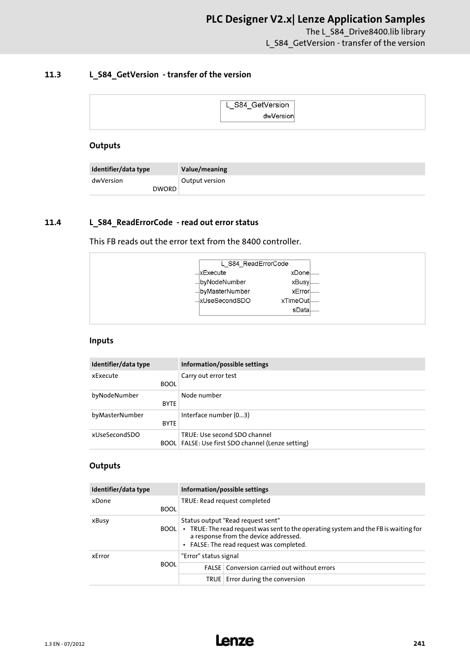 3 l_s84_getversion - transfer of the version, 4 l_s84_readerrorcode - read out error status, L_s84_readerrorcode - read out error status | Plc designer v2.x| lenze application samples | Lenze PLC Designer V2.x User Manual | Page 241 / 336