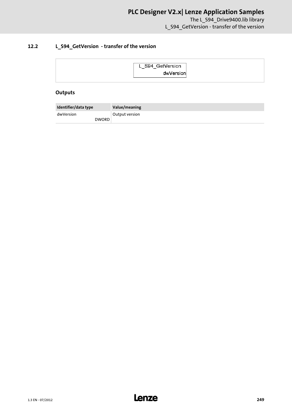 2 l_s94_getversion - transfer of the version, Plc designer v2.x| lenze application samples | Lenze PLC Designer V2.x User Manual | Page 249 / 336