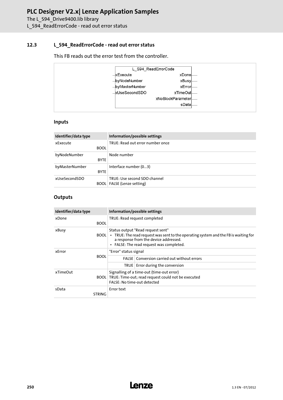 3 l_s94_readerrorcode - read out error status, L_s94_readerrorcode - read out error status, Plc designer v2.x| lenze application samples | Lenze PLC Designer V2.x User Manual | Page 250 / 336