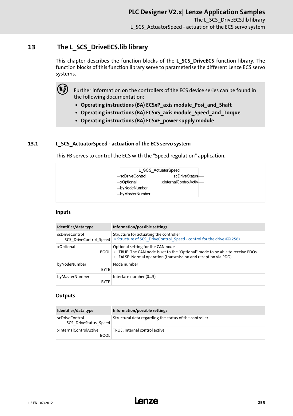 13 the l_scs_driveecs.lib library, The l_scs_driveecs.lib library, Plc designer v2.x| lenze application samples | Lenze PLC Designer V2.x User Manual | Page 255 / 336