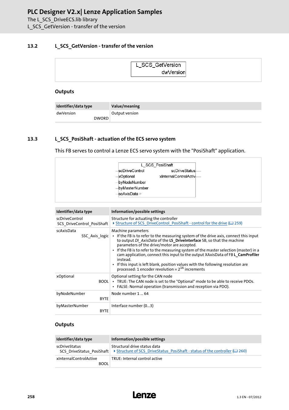 2 l_scs_getversion - transfer of the version, Plc designer v2.x| lenze application samples | Lenze PLC Designer V2.x User Manual | Page 258 / 336