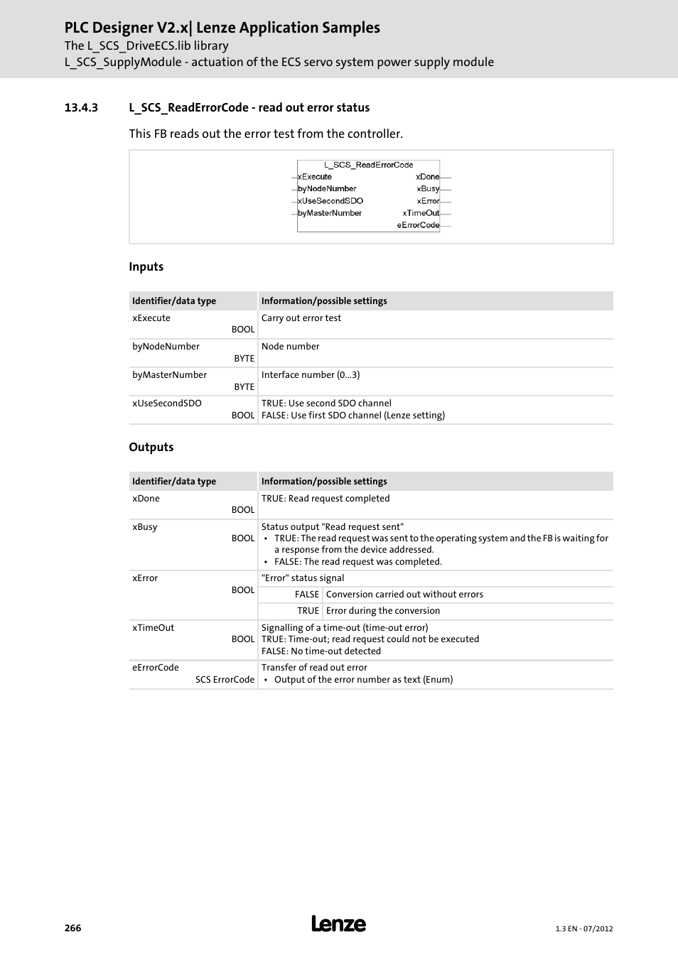 3 l_scs_readerrorcode - read out error status, L_scs_readerrorcode - read out error status, Plc designer v2.x| lenze application samples | Lenze PLC Designer V2.x User Manual | Page 266 / 336