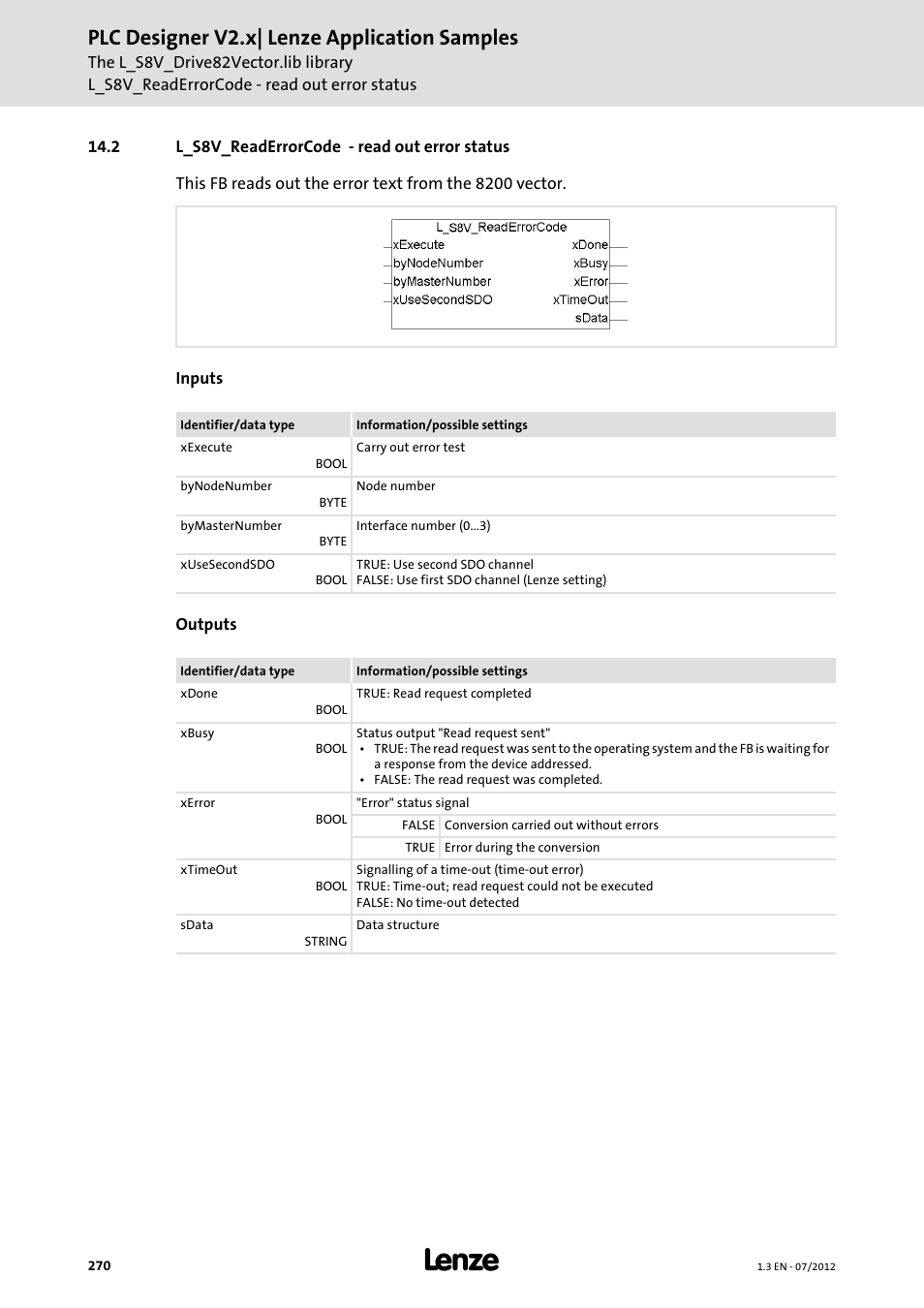 2 l_s8v_readerrorcode - read out error status, L_s8v_readerrorcode - read out error status, Plc designer v2.x| lenze application samples | Lenze PLC Designer V2.x User Manual | Page 270 / 336