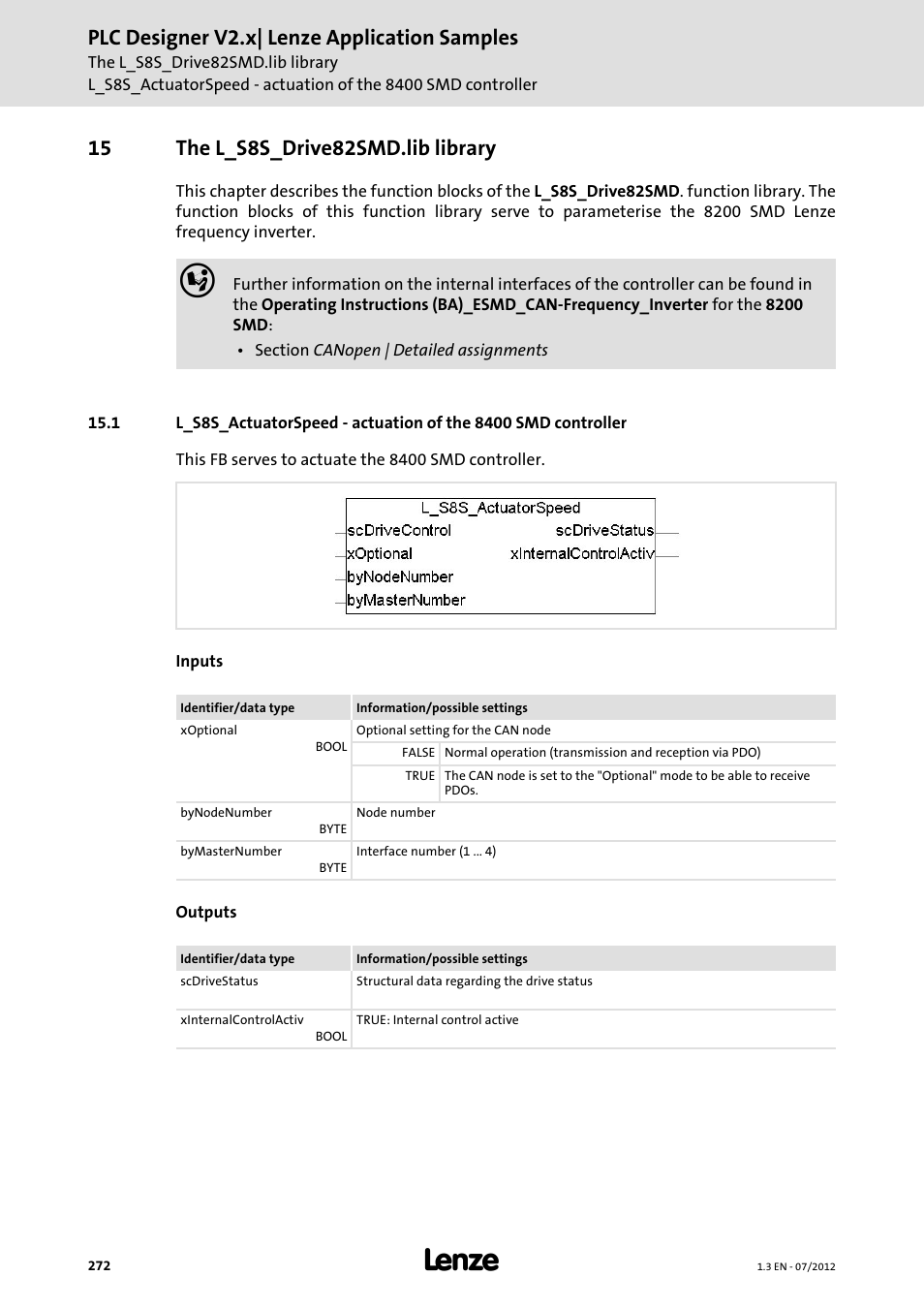 15 the l_s8s_drive82smd.lib library, Plc designer v2.x| lenze application samples | Lenze PLC Designer V2.x User Manual | Page 272 / 336