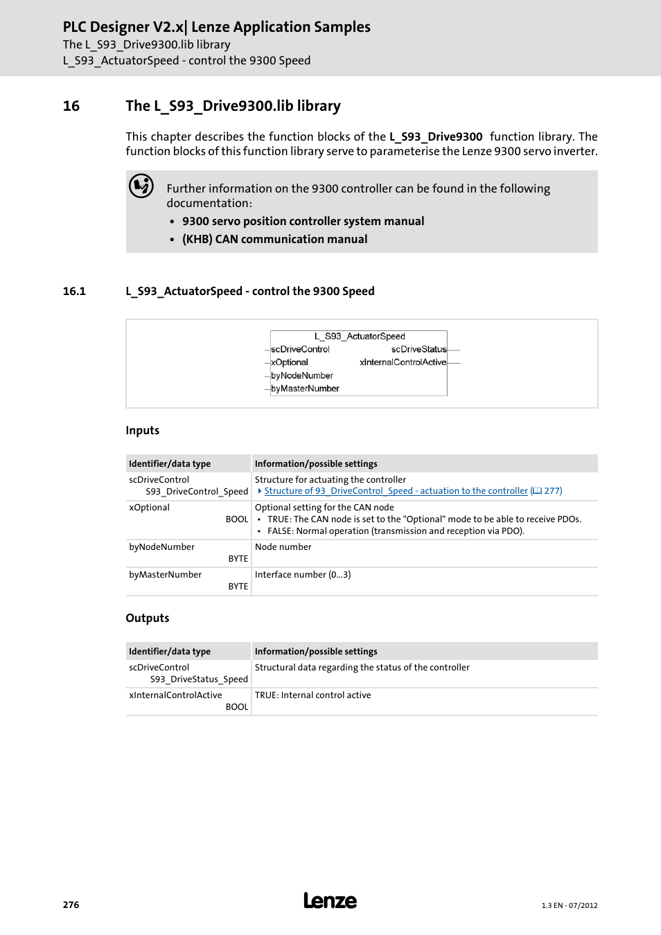 16 the l_s93_drive9300.lib library, 1 l_s93_actuatorspeed - control the 9300 speed, The l_s93_drive9300.lib library | Plc designer v2.x| lenze application samples | Lenze PLC Designer V2.x User Manual | Page 276 / 336