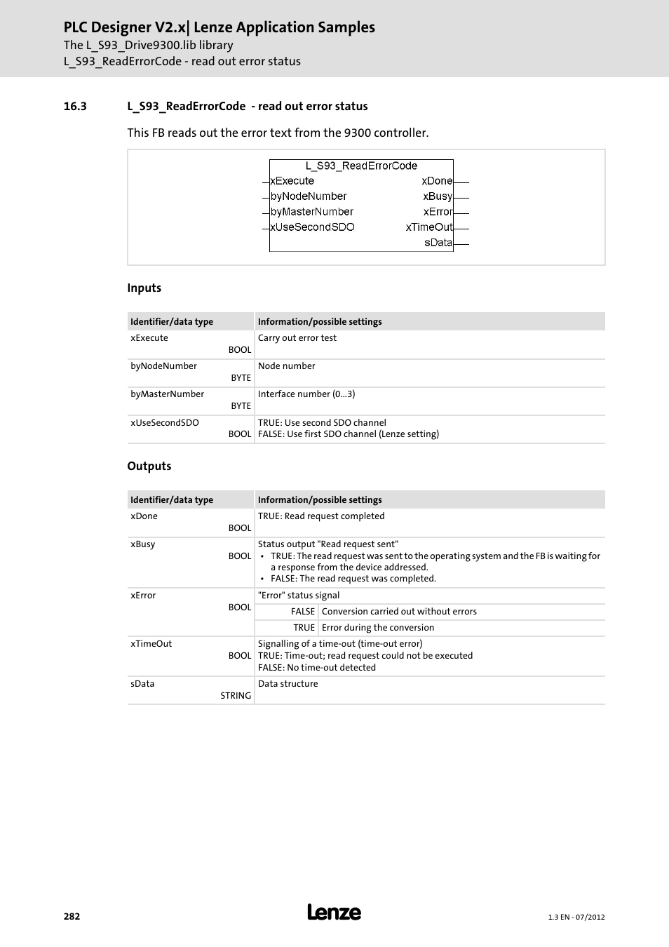 3 l_s93_readerrorcode - read out error status, L_s93_readerrorcode - read out error status, Plc designer v2.x| lenze application samples | Lenze PLC Designer V2.x User Manual | Page 282 / 336