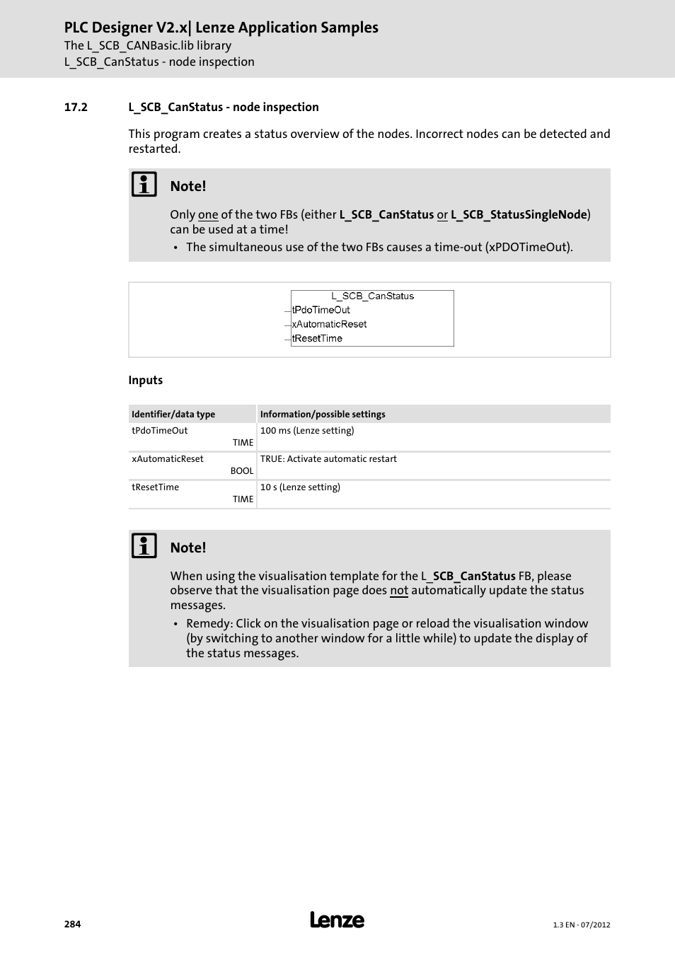 2 l_scb_canstatus - node inspection, Plc designer v2.x| lenze application samples | Lenze PLC Designer V2.x User Manual | Page 284 / 336