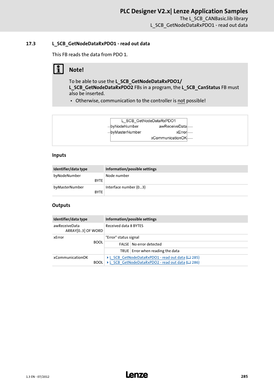 3 l_scb_getnodedatarxpdo1 - read out data, L_scb_getnodedatarxpdo1 - read out data ( 285), L_scb_getnodedatarxpdo1 - read | Out data ( 285), Plc designer v2.x| lenze application samples | Lenze PLC Designer V2.x User Manual | Page 285 / 336