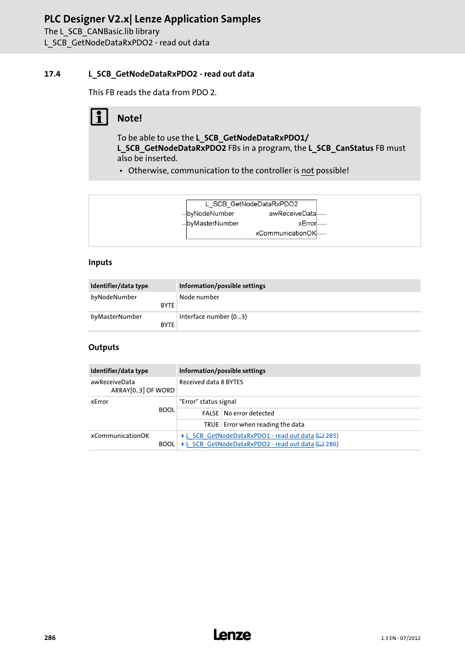 4 l_scb_getnodedatarxpdo2 - read out data, L_scb_getnodedatarxpdo2 - read out data ( 286), L_scb_getnodedatarxpdo2 - read | Out data ( 286), Plc designer v2.x| lenze application samples | Lenze PLC Designer V2.x User Manual | Page 286 / 336