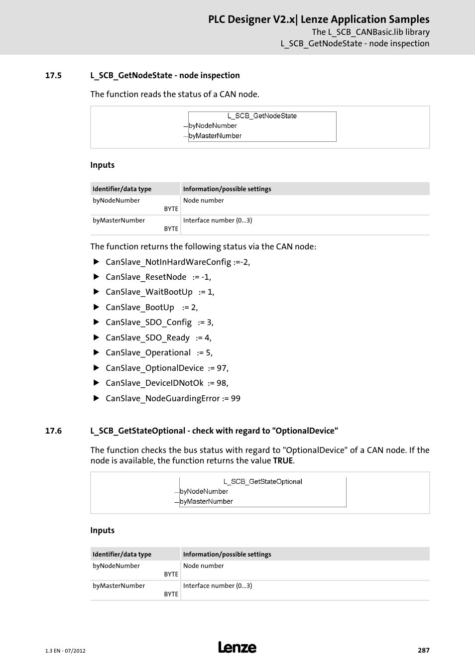 5 l_scb_getnodestate - node inspection, Plc designer v2.x| lenze application samples | Lenze PLC Designer V2.x User Manual | Page 287 / 336