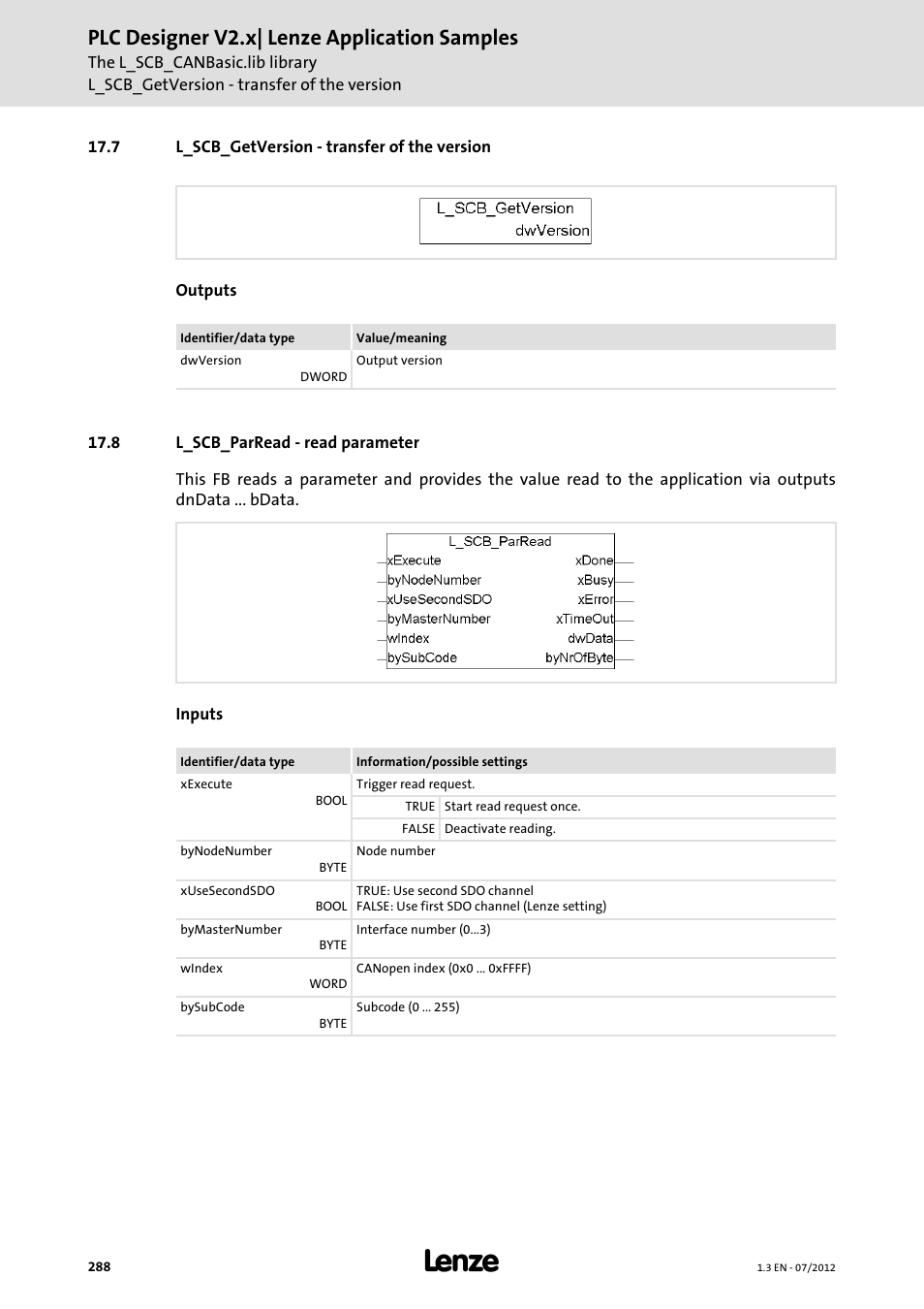 7 l_scb_getversion - transfer of the version, 8 l_scb_parread - read parameter, Plc designer v2.x| lenze application samples | Lenze PLC Designer V2.x User Manual | Page 288 / 336