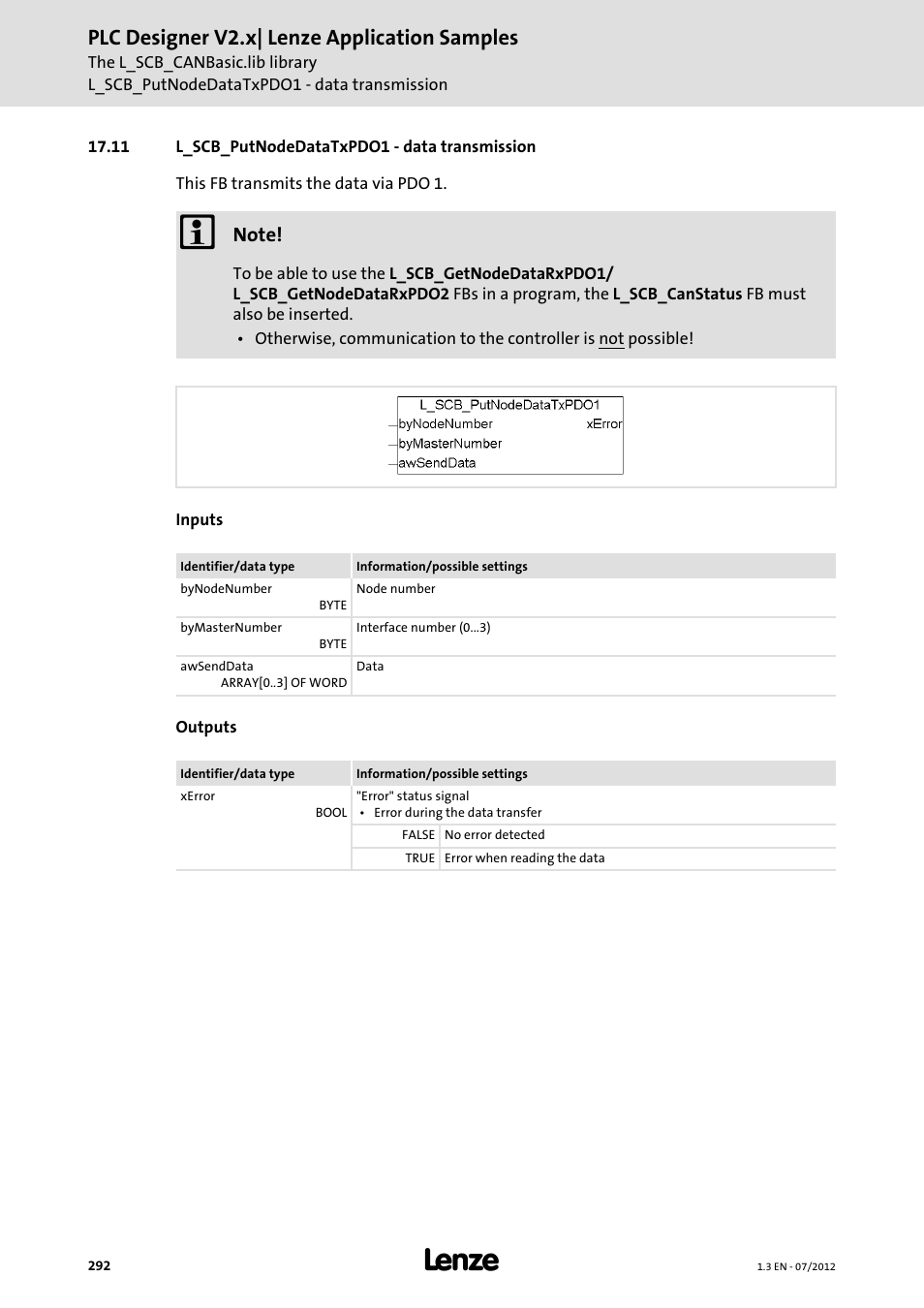 11 l_scb_putnodedatatxpdo1 - data transmission, Plc designer v2.x| lenze application samples | Lenze PLC Designer V2.x User Manual | Page 292 / 336