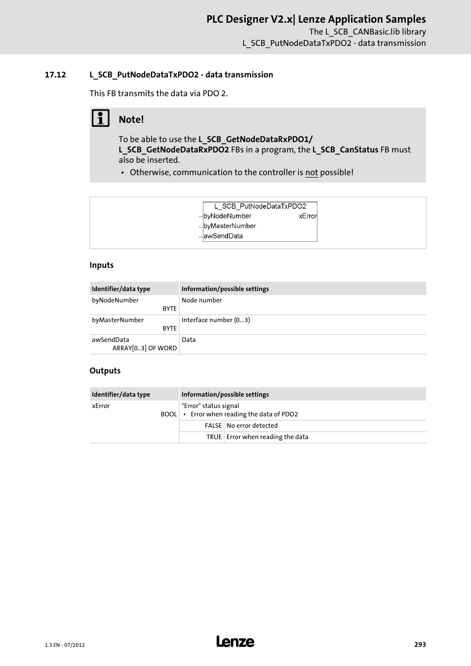 12 l_scb_putnodedatatxpdo2 - data transmission, Plc designer v2.x| lenze application samples | Lenze PLC Designer V2.x User Manual | Page 293 / 336