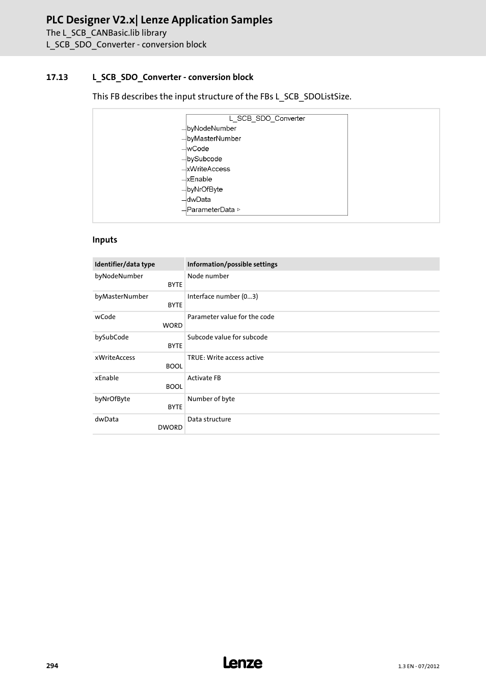 13 l_scb_sdo_converter - conversion block, Plc designer v2.x| lenze application samples | Lenze PLC Designer V2.x User Manual | Page 294 / 336