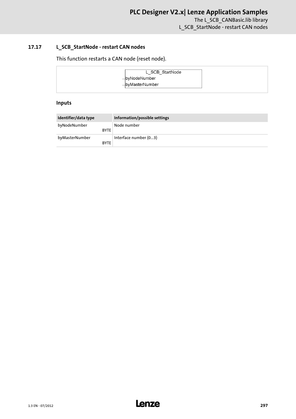 17 l_scb_startnode - restart can nodes, Plc designer v2.x| lenze application samples | Lenze PLC Designer V2.x User Manual | Page 297 / 336