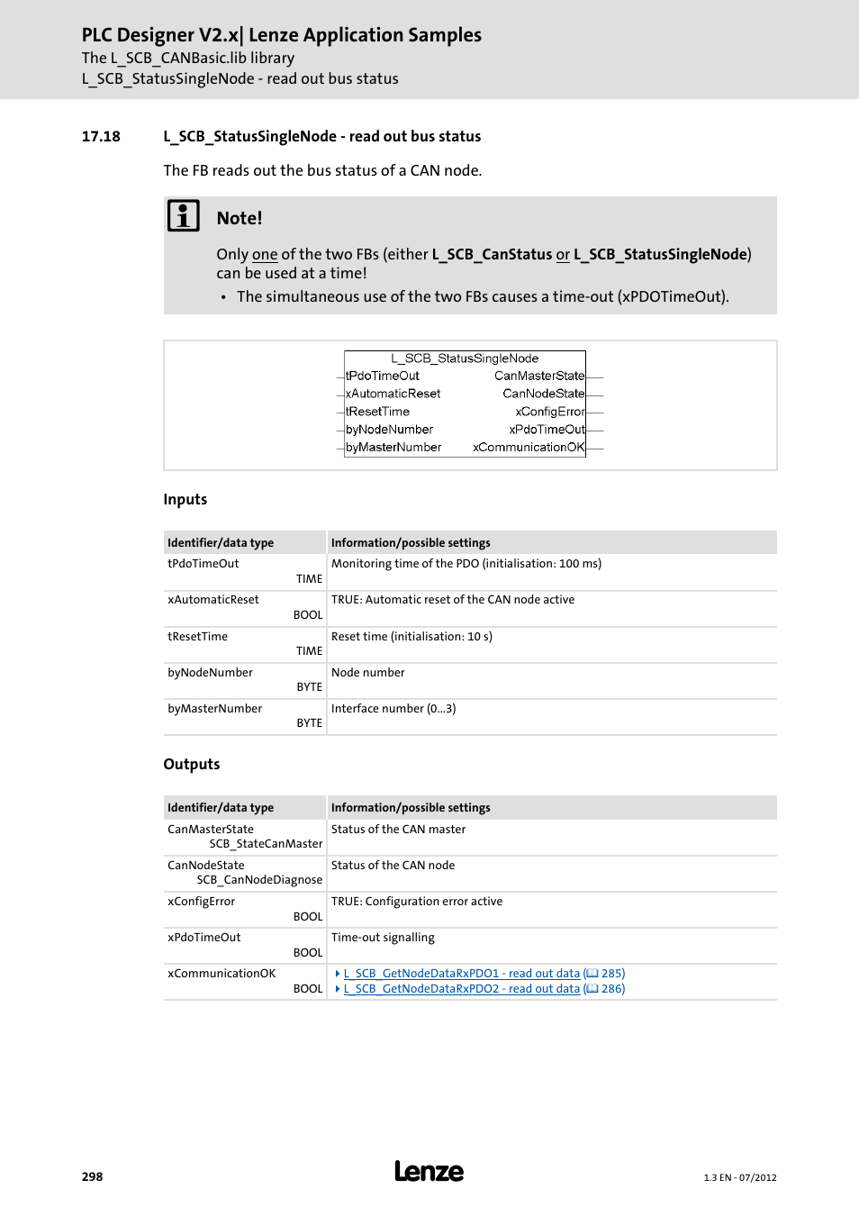 18 l_scb_statussinglenode - read out bus status, Plc designer v2.x| lenze application samples | Lenze PLC Designer V2.x User Manual | Page 298 / 336